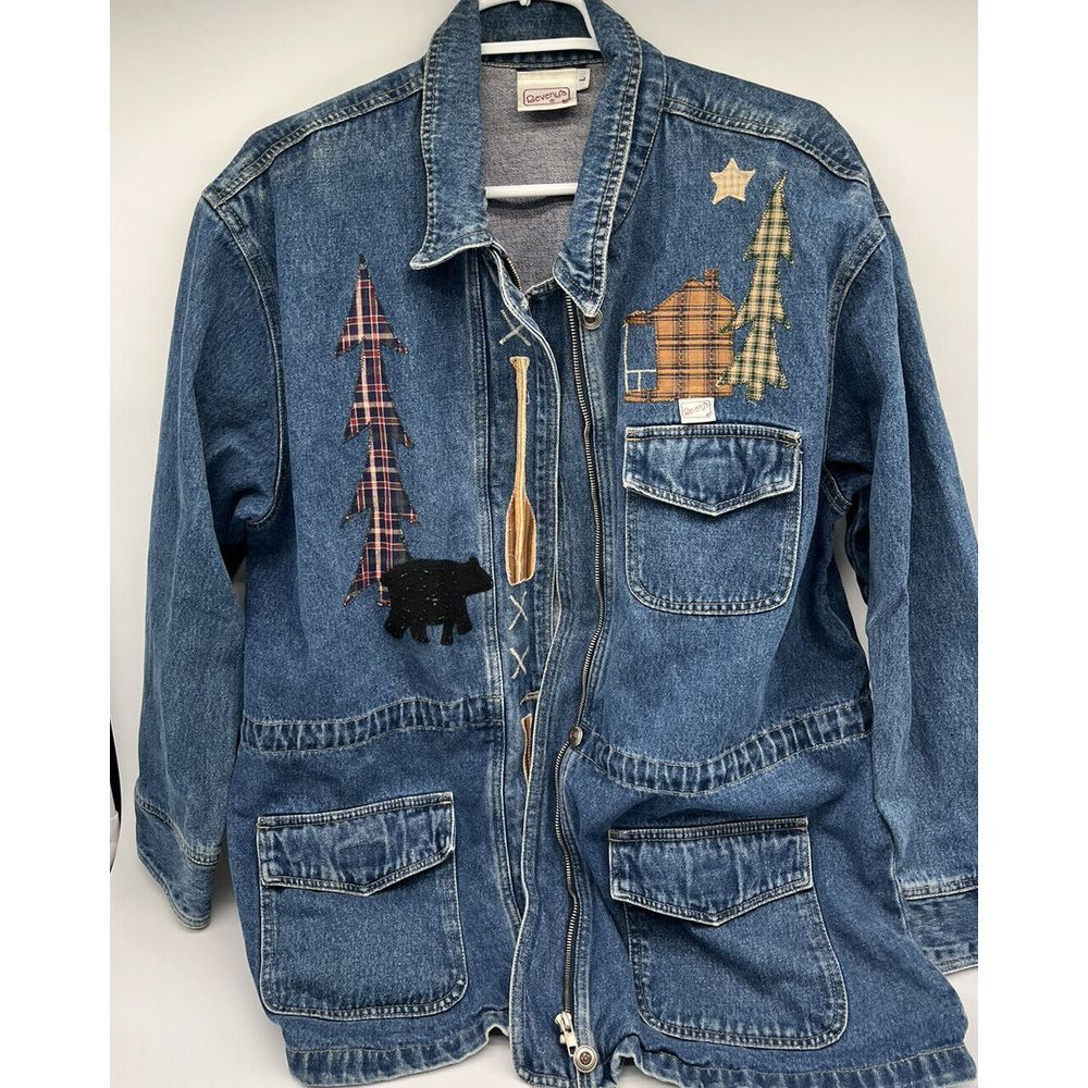 Women's Vintage 90s Beverly's Outdoor Moose Print Denim Jean Parka‎ Jacket Sz L